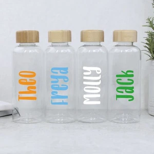Personalised 600ml Clear Water Bottle Wooden Lid School Child's Name Reusable - Picture 1 of 24