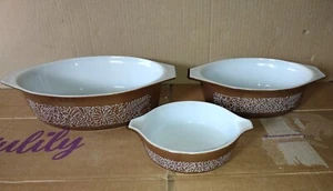 Lot of 3 Vintage Pyrex Woodland Brown Flowers 045 043 Oval Casserole Dish 471-B  - Picture 1 of 8