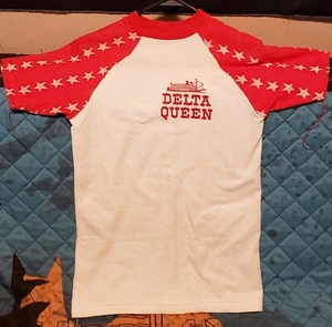 Vintage VELVA SHEEN Delta Queen T Shirt Medium Red + White Polyester/Cotton!!! - Picture 1 of 4