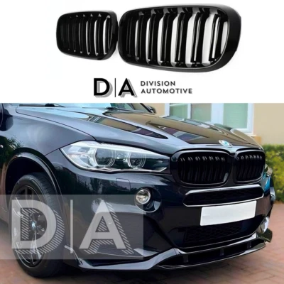 DIVISION AUTOMOTIVE PAIR OF GLOSS BLACK KIDNEY GRILL GRILLE FOR BMW X5 F15 X6 F16 DUAL SLAT 2014+ UK