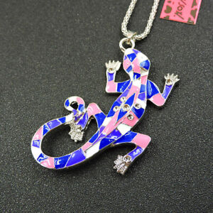 Charm Pink Blue Enamel Cute Lizard Betsey Johnson Pendant Sweater Necklace