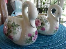 2 Baum Brothers Formalities Porcelain Swan Figurines Vase Planter Red Gold Roses