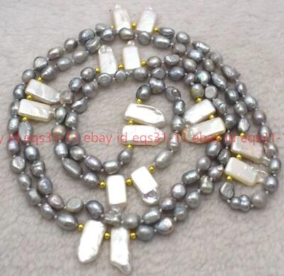 Collana perle gemme rettangolari bianche 7-8 mm argento grigio barocco e 8x17 mm 36" - Immagine 1 di 4