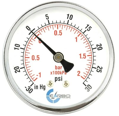 1-1/2" Vacuum Gauge-Chrome Plate Steel Case, 1/8"NPT, Back Mnt. -30inHg/+30 PSI - Image 1 of 4
