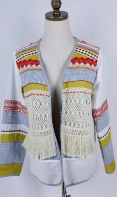 VTG V Christina Y2K Women S Hippie Boho Linen Jacket Fringe Crochet - Image 1 of 4