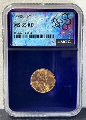 1938 Lincoln Wheat Cent MS65 RD NGC Special Label Purple Core-Stunner! - Image 1 of 2