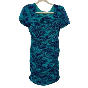 Tokyo Talkies Women's Turquoise Ruched Tropical Print Square Neck Mini Dress  M - Picture 1 of 11