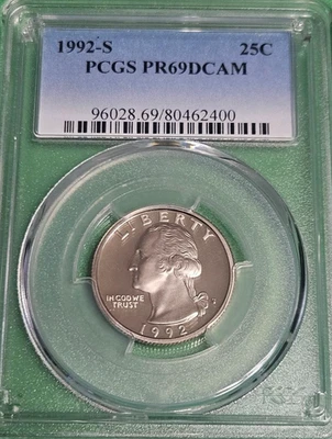 1992-S CLAD PCGS PR69 DCAM WASHINGTON QUARTER PROOF Mirror Like Gem US Coins 25c - Image 1 of 4