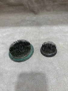 Vintage Pair Round Cast Iron Green & Silver FLOWER FROGS , Sharp 3-1/2” & 2-1/4 - Picture 1 of 7