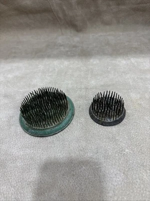 Vintage Pair Round Cast Iron Green & Silver FLOWER FROGS , Sharp 3-1/2” &  2-1/4 - Image 1 of 4