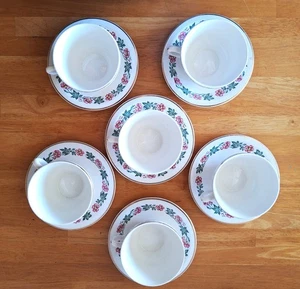 1940’s Vintage weiß mit Blumenband Teetasse & Untertasse mit goldfarbenem Rand 6er Set - Bild 1 von 7