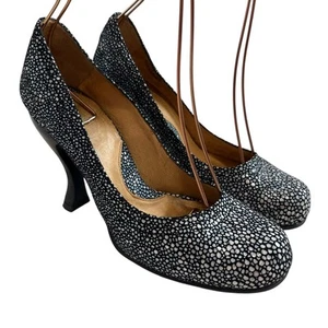John Fluevog Attentions Paris classic pumps US womens 7 black blue suede heels - Picture 1 of 13