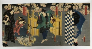 Toyokuni Woodblock Print Triptych: Odious gold tone 1856 Ukiyo-e Bijin-ga - Picture 1 of 14
