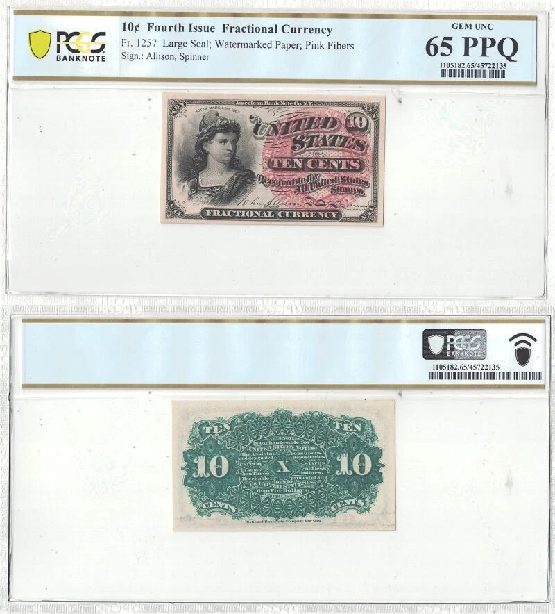 10 Cent 4th Issue Fractional Currency PCGS Gem-65 PPQ Fr. 1257 - Image 1 of 1