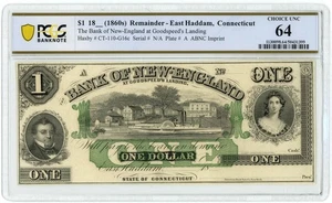Banco de Nueva Inglaterra de $1 de la década de 1860 en Goodspeed's Landing East Haddam CT 64 PCGS  - Imagen 1 de 3