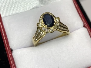 14k Yellow Gold 1CTBlue Sapphire Diamond Halo Cluster Vintage Wedding 585 Ring 7 - Picture 1 of 15