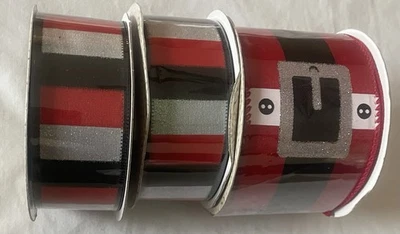 Christmas Ribbon Wired Edge 2.5" & 1.5"  Red Black Glittery Santa's Belt Striped - Image 1 of 4