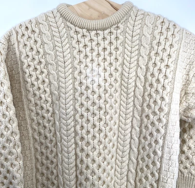 Aran Crafts Wool Sweater Mens LARGE Cable Oarsman Fisherman Celtic Ireland Cream - Image 1 of 4
