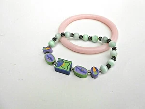 2 Pc Polymer Clay Novelty & Catseye Bead Stretch Bracelet + Pink Plastic Bangle - Picture 1 of 3