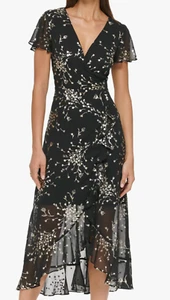 Black Metalic Floral Chiffon Midi Dress by Kensie NWT Size 8 - Picture 1 of 9