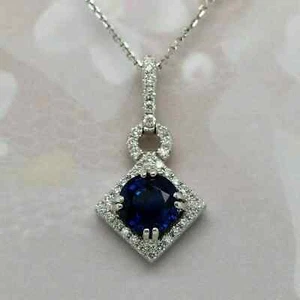 Ausgefallener Halskette mit Anhänger 2 kt rundgeschliffenem blauem Saphir & Diamant 14 kt Weißgold - Bild 1 von 4
