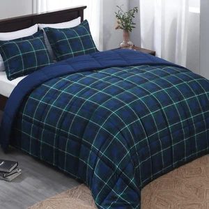 Queen Comforter Set - Navy and Green Buffalo Plaid Comforter Set Queen down Alte - Picture 1 of 6