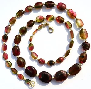 Natural Bicolor Tourmaline Smooth Nugget Beads Super Quality Gem Necklace 22" - Picture 1 of 1