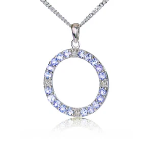 Natural Tanzanite Pendant Sterling Silver Blue Gemstone Circle Diamond Handmade - Picture 1 of 11