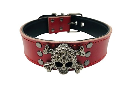 Dog Collar 1.5" wide Skull Design Heavy Duty Red Faux Leather Small Medium Large - Image 1 of 2