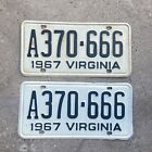 1967 Virginia License Plate Pair A370 666 YOM DMV Clear Ford Chevy Devil Evil 6s