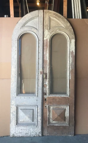 Pair Antique  Arched Top Entrance Doors Beveled Glass 29x114 Old VTG 488-23B Cover