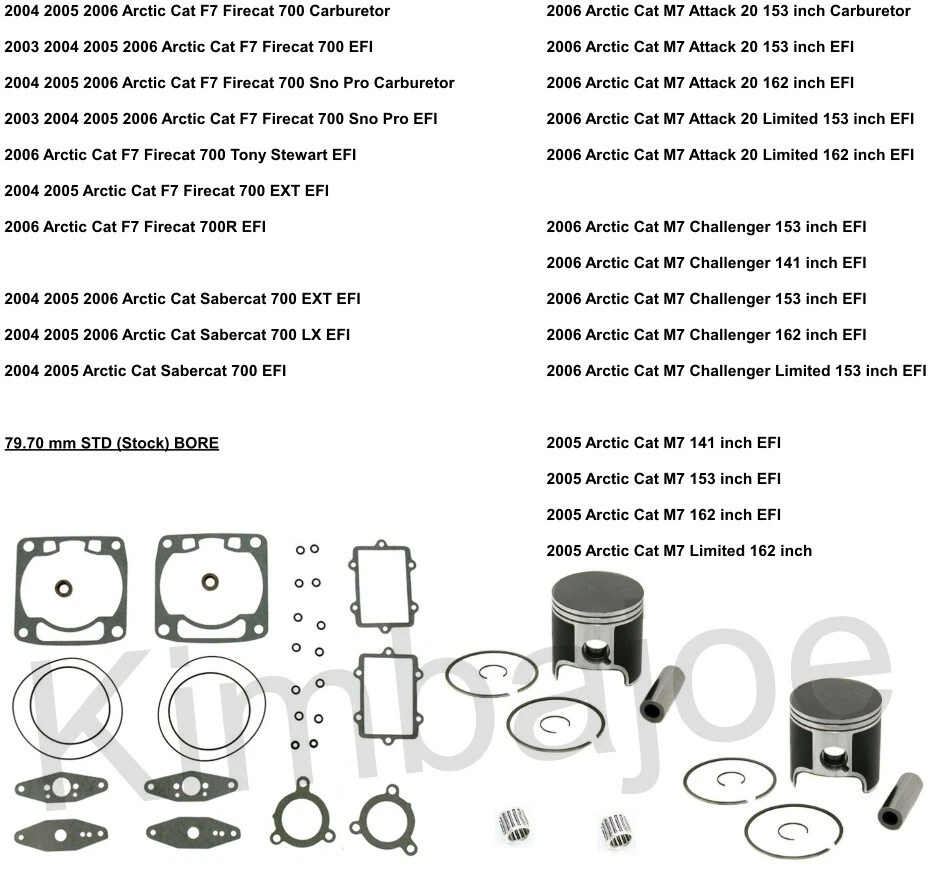 2003 2004 2005 2006 Arctic Cat F7 Firecat 700 M7 & Listed Piston Kits Rebuild - Image 1 of 1