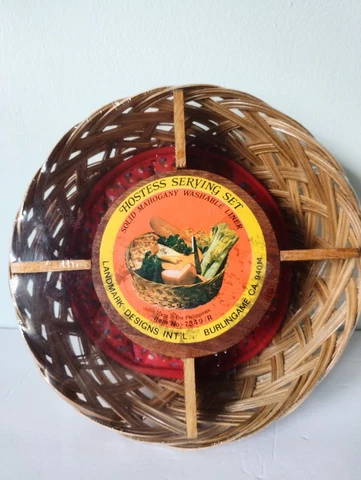 Vtg Mahogany Wicker Divided Serving Basket Washable Liner Woven Philippines NOS Cover