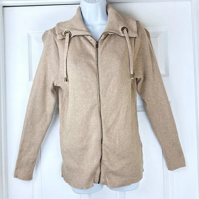 Liz Claiborne Tan Ribbed Full Zip Mock Neck Cotton Sweater Women's Medium - Image 1 of 4