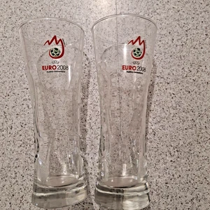 Lot of 2 Carlsberg Embossed Logo Heavy Tall Beer Glass Set Pair Two Euro 2008 - Picture 1 of 6