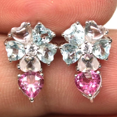 925 Sterling Silver Sky Blue- White - Pink Topaz & Cubic Zirconia Earrings - Image 1 of 4