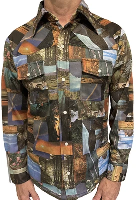 Vintage 70s Photo Collage Shirt Snap Polyester Retro AOP Outdoors Rainbow Mens M - Image 1 of 4