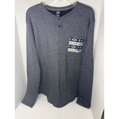 Volcom Mens Long Sleeve Henley Shirt Gray Tribal Pocket Casual Top Crew Neck - Image 1 of 3