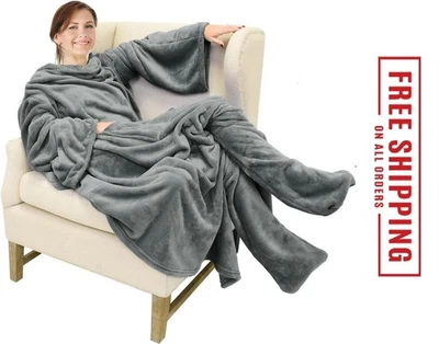 Manta polar portátil con mangas y bolsillos para los pies para adultos mujeres hombres, micro Foto 1 de 4