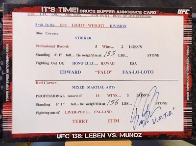 2012 Topps UFC Bloodlines 1/1 Bruce Buffer Autograph "It's Time" Announce Card - Image 1 of 4
