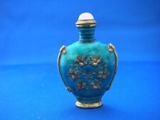 Vintage CHINESE Brass BLUE ENAMEL SNUFF BOTTLE-Rose Quartz Lid-AS IS