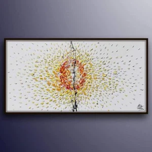 AMAZING ! Sun painting 55", warm colors of yellow and red, rich texture, impasto - Picture 1 of 5