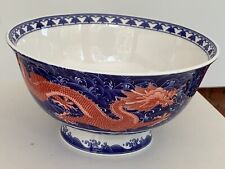 Chinese blue and white bowl with red dragon decoration, roughly 6” diameter