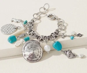 Chicos Seashell Charm Bracelet NEW! Turquoise & Silver tone - Picture 1 of 6