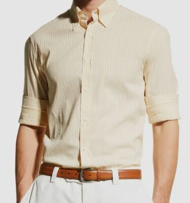 $795 Brunello Cucinelli Italy Men's Basic-Fit Yellow Cotton Linen Sport Shirt XL - Image 1 of 4