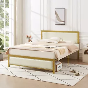 Twin Full Queen Size Bed Frame Metal Platform w/Upholstered Headboard Noise Free - Picture 1 of 46