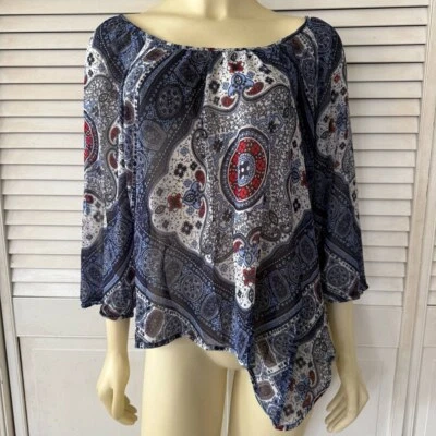 Women's heartsoul Blouse Top XL Blue White Paisley 3/4 Sleeve — 第 1/4 张图片