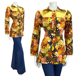 VTG 60S 70S BROWN YELLOW ORANGE PSYCHEDELIC FLORAL DOG EAR YOKE SMOCK BLOUSE 12 - Picture 1 of 11