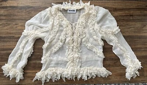 KOCHE SILK Top Cream-Ivory Color Long Sleeve Sheer Ruffle Women Sz 36 Minor Flaw - Picture 1 of 14