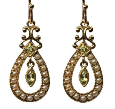 E143 CHARMING Genuine 9ct Gold NATURAL Peridot & Pearl Drop Earrings Vintage stl - Image 1 of 2